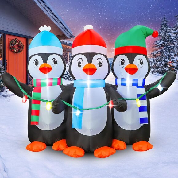 ⚡6FT Christmas Inflatables Blow up 3 Cute Penguins LED Light Outdoor Decoration - Picture 1 of 6